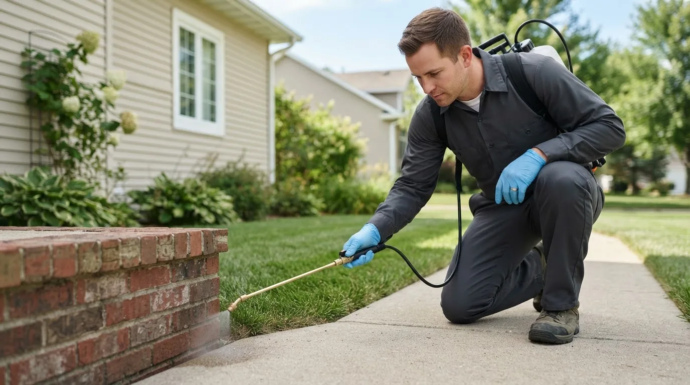 Pest control technician treating a home near Pulaski, IA