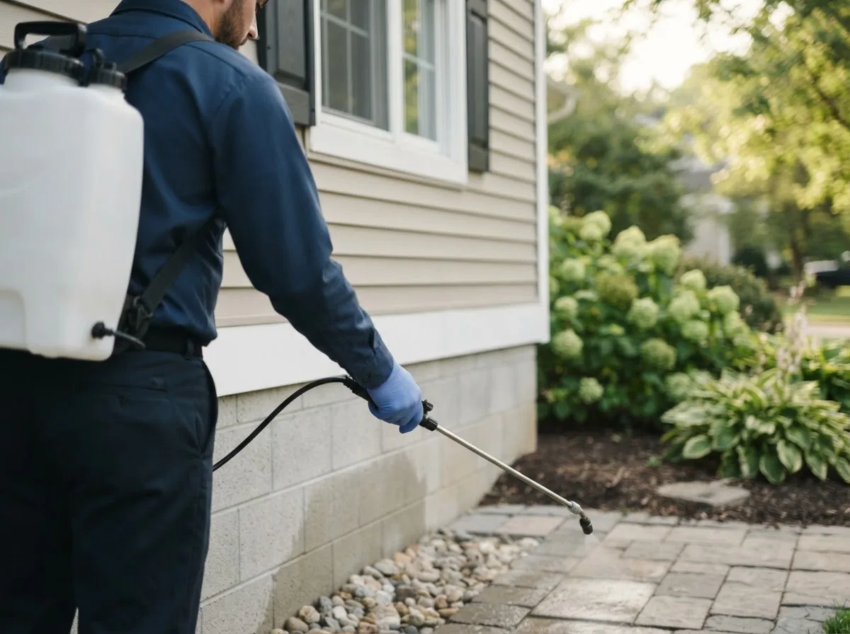 Pest control technician inspecting a home in Pulaski, IA